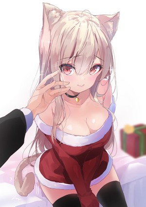 Anime girl in Santa outfit with cat ears