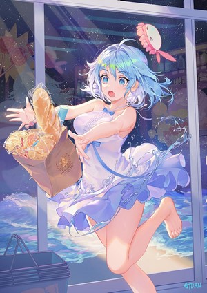 Girl with blue hair and blue eyes holding groceries
