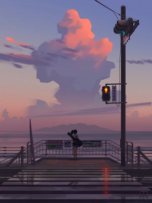 Girl with guitar at sunset crosswalk