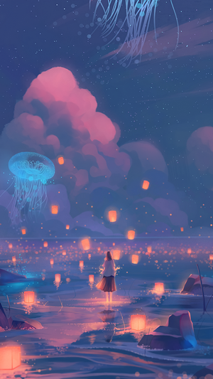 Girl releasing lanterns with jellyfish in the sky