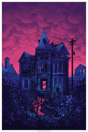 Spooky mansion drawing with pink and blue sky