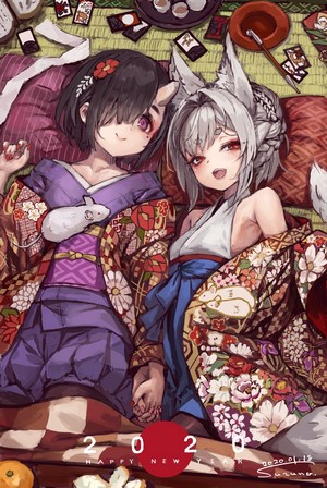 Two anime girls in kimonos holding hands