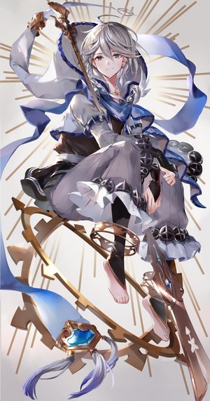 Anime girl with staff and sword on a golden gear