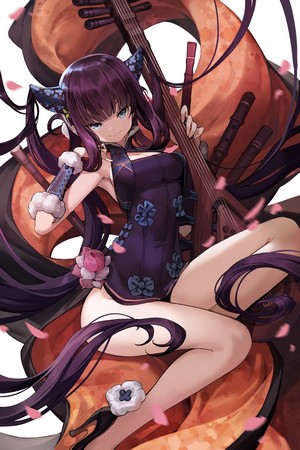 Anime girl with purple hair playing a Chinese lute