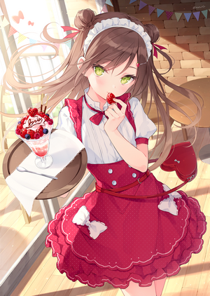 Anime waitress with strawberries and parfait