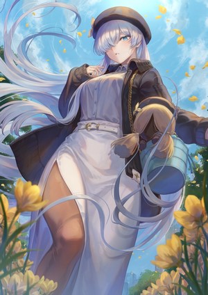 Anime girl with long white hair and a bucket