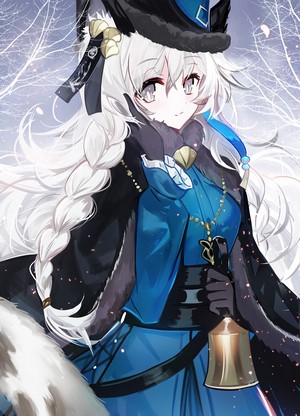 Anime girl with white hair and blue dress holding a bell