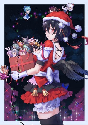 Anime girls in Christmas outfits with a gift box