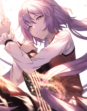 Anime girl with purple hair playing a string instrument