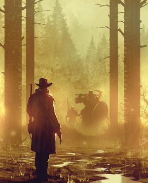 Cowboy facing orcs in a forest
