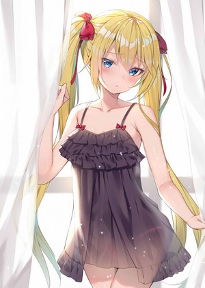 Anime girl with blonde twintails wearing a nightgown