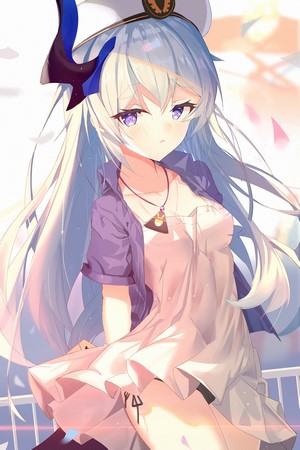 Anime girl with white hair and purple eyes
