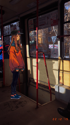 Anime girl waiting in a Russian tram
