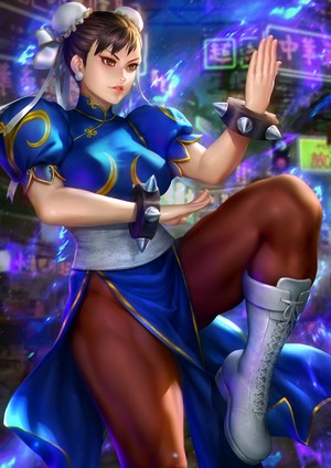 Chun-Li from Street Fighter in a blue dress