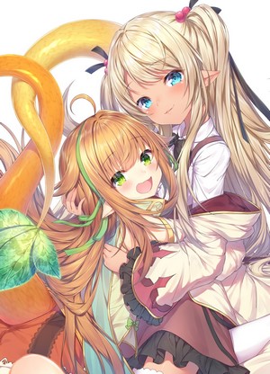 Two anime girls with blonde and brown hair hugging