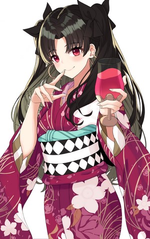 Anime girl in yukata holding a wine glass