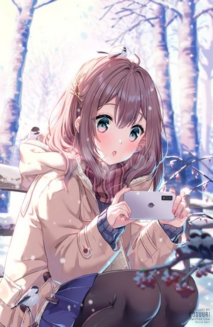 Anime girl taking a photo in a snowy forest
