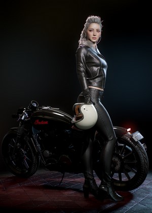 Woman in leather jacket with motorcycle and helmet