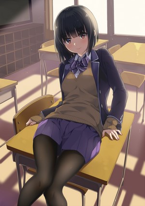 Anime girl in school uniform sitting at a desk