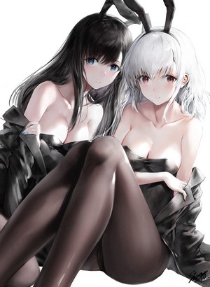 Two anime girls with bunny ears and pantyhose
