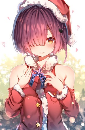 Anime girl in Santa outfit holding a gift