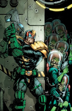 Judge Dredd and Mars Attacks aliens crossover comic art