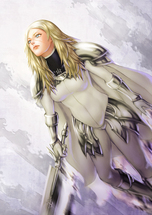 Miria from Claymore in white armor with a sword