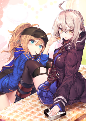 Two anime girls eating waffles