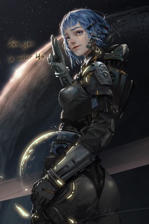 Astronaut girl with blue hair in space