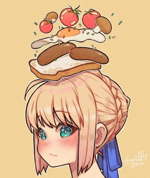 Saber from Fate Series with Breakfast on Head
