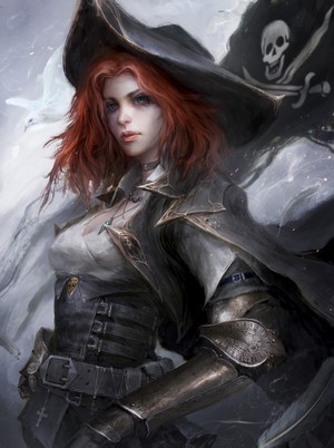 Fantasy pirate girl with red hair and Jolly Roger flag