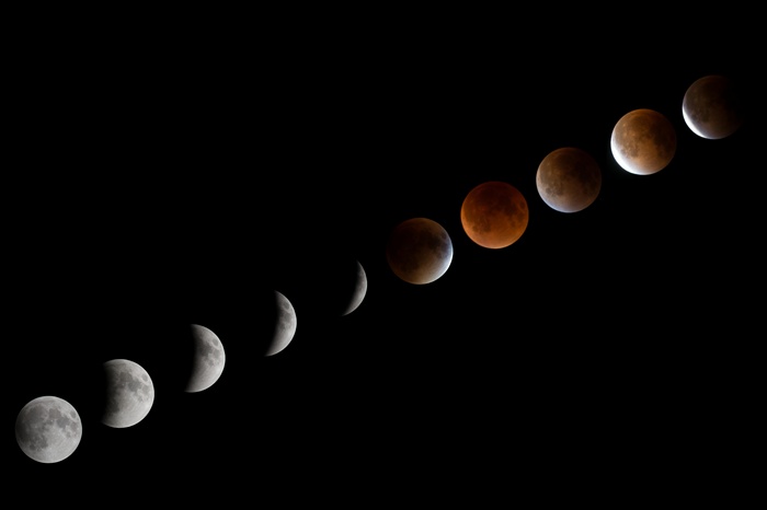 Time-lapse of a lunar eclipse showing moon phases