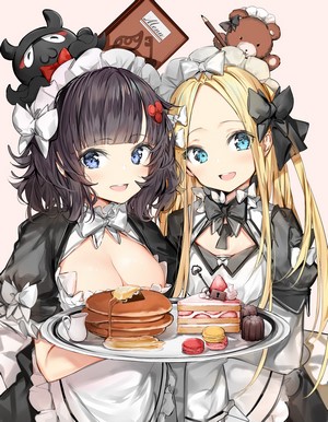 Two anime maids with desserts and pancakes