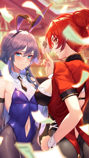 Two anime girls in bunny outfits with playing cards