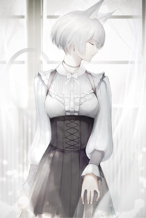 Anime girl with white hair and cat ears