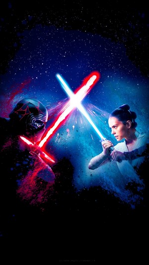 Rey and Kylo Ren from Star Wars clashing lightsabers