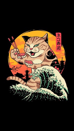 Cat eating sushi in front of a wave