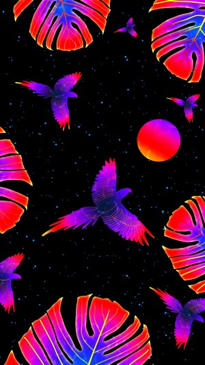 Parrots and tropical leaves in space with a red moon