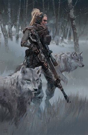 Woman with sniper rifle and wolves in snowy forest