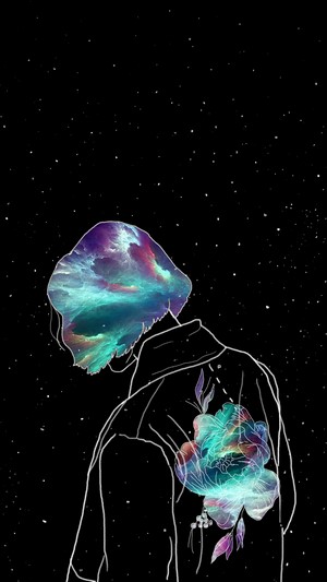 Person with galaxy hair and flower on jacket