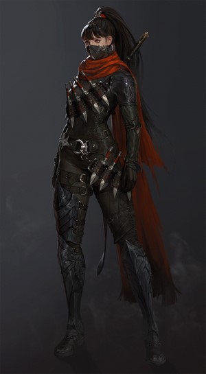 Female assassin with red scarf and knives