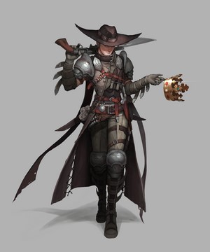 Character in cowboy hat with rifle and crown