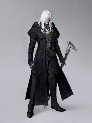Man with white hair and black robes holding a staff