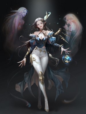 Anime girl with ethereal spirits and magic orb