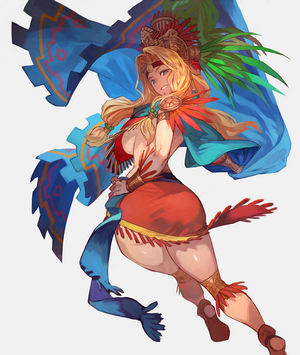 Woman in Aztec-inspired attire with blue and red feathers
