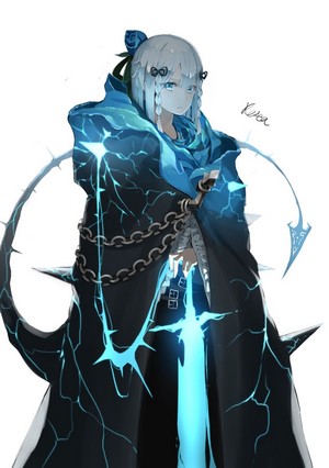 Anime girl with blue lightning cloak and sword