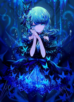 Anime girl with blue hair and butterflies