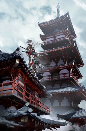 Anime girls with swords on a pagoda rooftop