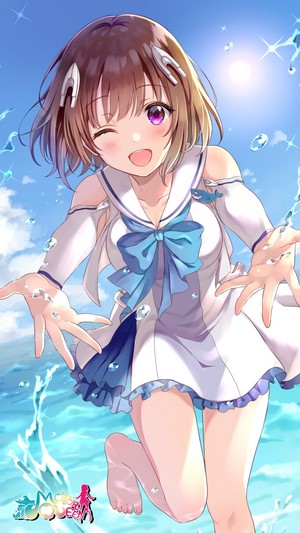 Anime girl with short brown hair and purple eyes at the beach