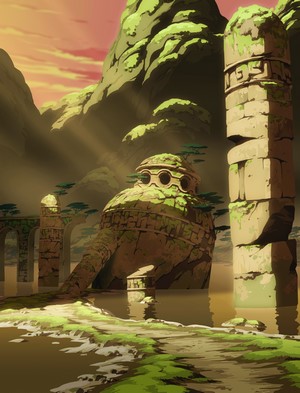 Overgrown ruins in a lake with sun rays